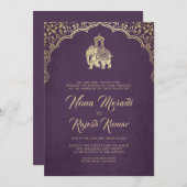 インディアン結婚式招待状、パープル、金ゴールド、ガネシャ 招待状 (正面/裏面)