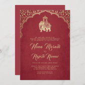 インディアン結婚式招待状，レッド，金ゴールド，ガネシャ 招待状 (正面/裏面)