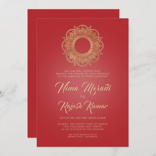 インディアン結婚式招待状、赤金ゴールド、マンダラ 招待状 (正面/裏面)