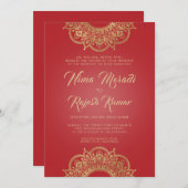 インディアン結婚式招待状、赤、金ゴールド、マンダラ 招待状 (正面/裏面)