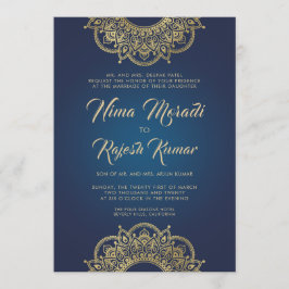 インディアン結婚式招待状、青、金ゴールド、マンダラ 招待状
