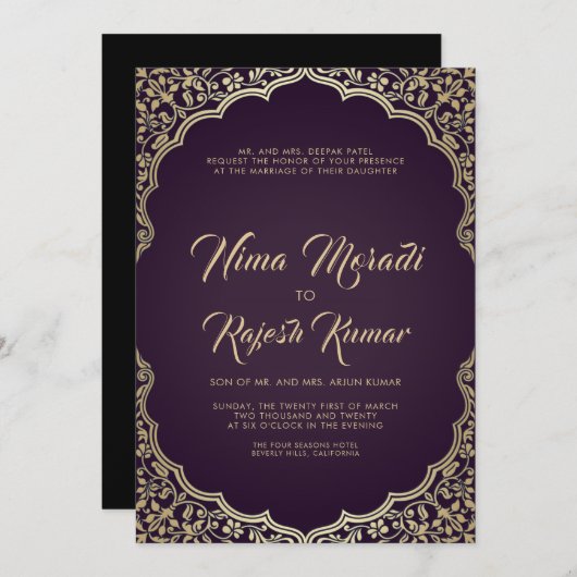 インディアン結婚式招待状、黒、金ゴールドフレーム 招待状 (正面/裏面)