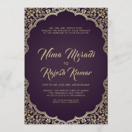 インディアン結婚式招待状、黒、金ゴールドフレーム 招待状