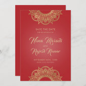 インディアン結婚、日付、赤、金ゴールドを保存 セーブザデート (正面/裏面)