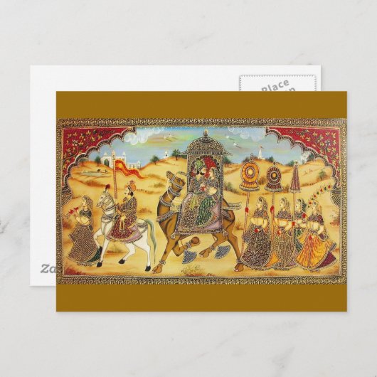 インディアン絵画 – ラクダと結婚の行列 ポストカード (正面/裏面)