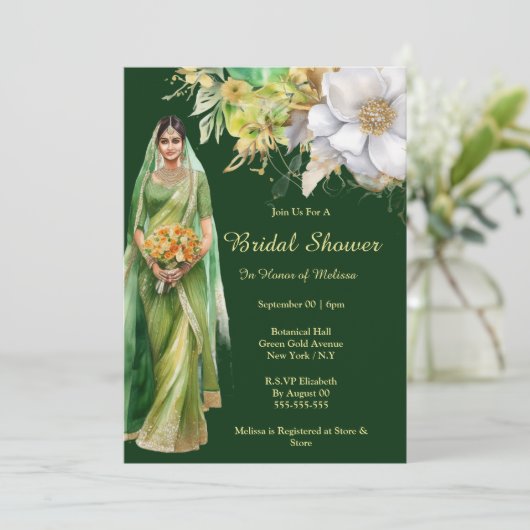インディアン花嫁になる緑の金ゴールド花の植物性 招待状 (スタンド正面)