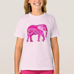インディアン象の明るい赤紫色ピンクアラベスクパター Tシャツ