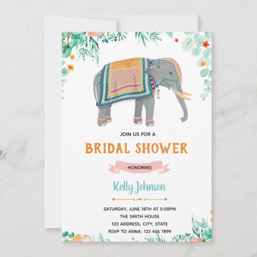 インディアン象ブライダルシャワーのテーマパーティー 招待状 (正面)