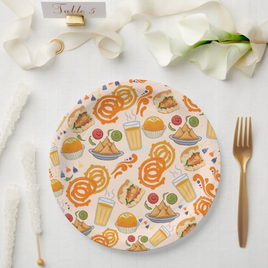 インディアン通りフードパターンカラフルフェスティバルチャイ ペーパープレート (ウェディング)