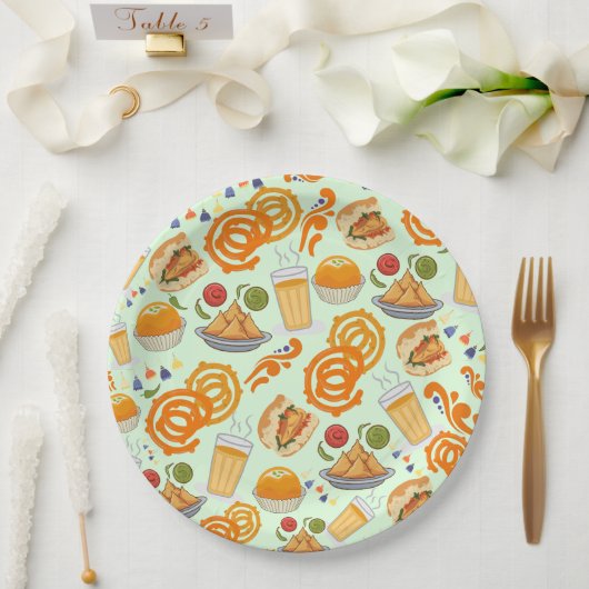 インディアン通りフードパターンカラフルフェスティバルチャイ ペーパープレート (ウェディング)