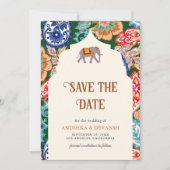 インディアン鮮やかフォークアートエレファントクリームズ結婚ーズ セーブザデート (正面)