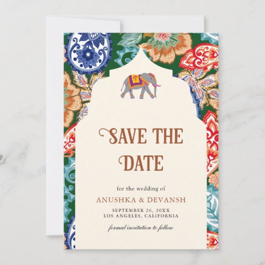 インディアン鮮やかフォークアートエレファントクリームズ結婚ーズ セーブザデート (正面)