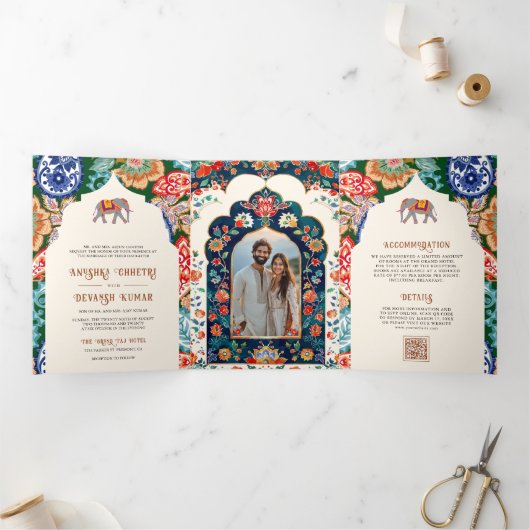 インディアン鮮やかフォークアートエレファントクリームズ結婚ーズ 三つ折り招待状 (内部)