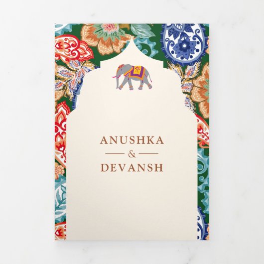 インディアン鮮やかフォークアートエレファントクリームズ結婚ーズ 三つ折り招待状 (カバー)