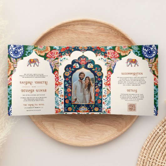 インディアン鮮やかフォークアートエレファントクリームズ結婚ーズ 三つ折り招待状