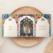 インディアン鮮やかフォークアートエレファントクリームズ結婚ーズ 三つ折り招待状