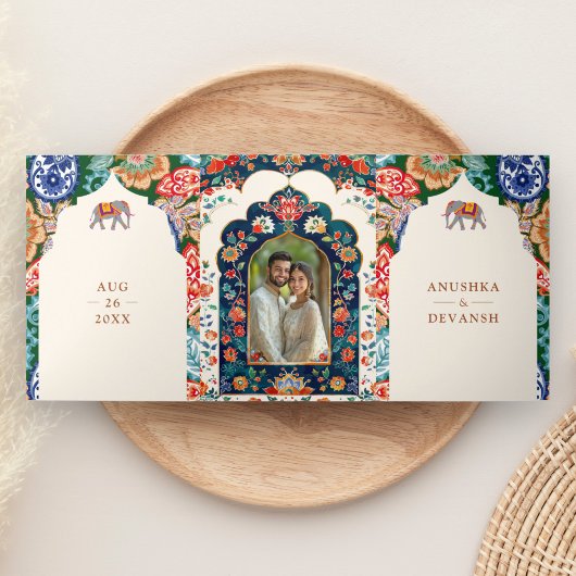 インディアン鮮やかフォークアートエレファントクリームズ結婚ーズ 三つ折り招待状