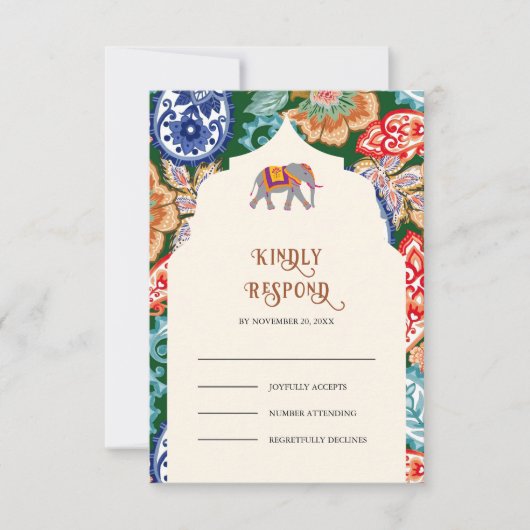 インディアン鮮やかフォークアートエレファントクリームズ結婚ーズ 出欠カード (正面)