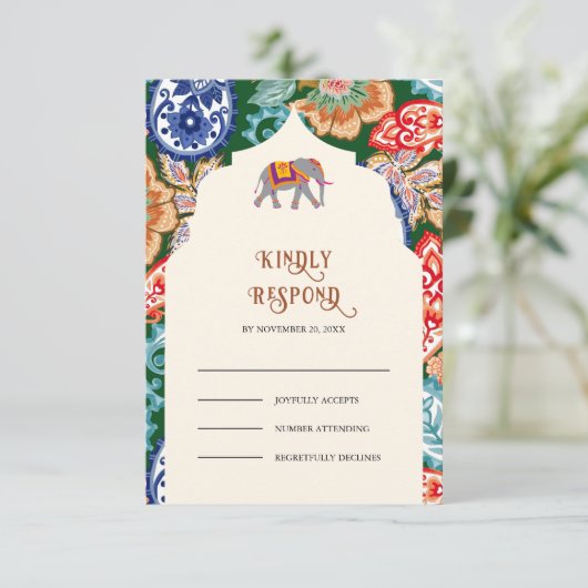 インディアン鮮やかフォークアートエレファントクリームズ結婚ーズ 出欠カード (スタンド正面)