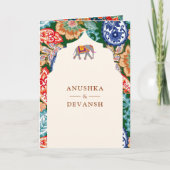 インディアン鮮やかフォークアートエレファントクリームズ結婚ーズ 招待状 (正面)