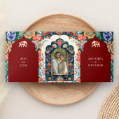 インディアン鮮やかフォークアートエレファントダークレッド結婚ズ 三つ折り招待状