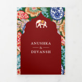 インディアン鮮やかフォークアートエレファントダークレッド結婚ズ 三つ折り招待状 (カバー)