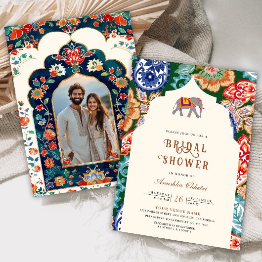 インディアン鮮やかフォークアートエレファントブライダルシャワー 招待状