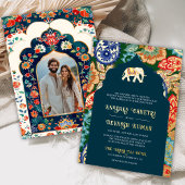 インディアン鮮やかフォークアートエレフ結婚ェント金ゴールド 箔招待状