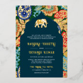 インディアン鮮やかフォークアートエレフ結婚ェント金ゴールド 箔招待状 (正面)