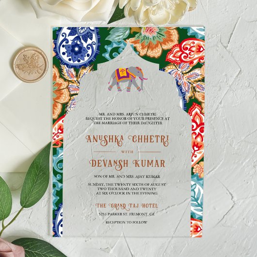 インディアン鮮やかフォークアートエレフ結婚ェント アクリル招待状