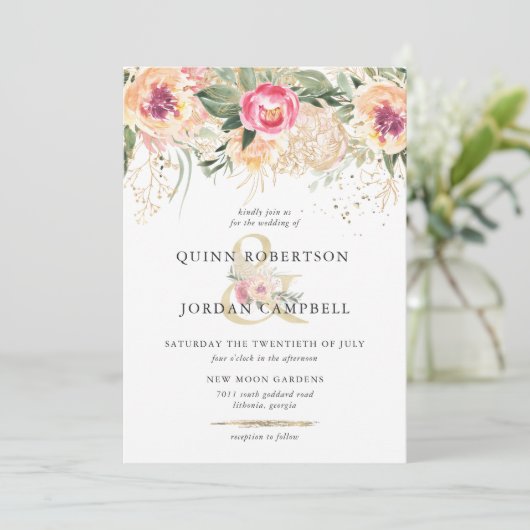 インディアン・サマー | 水彩画のピンクの芍薬 ウェディング 招待状 (スタンド正面)