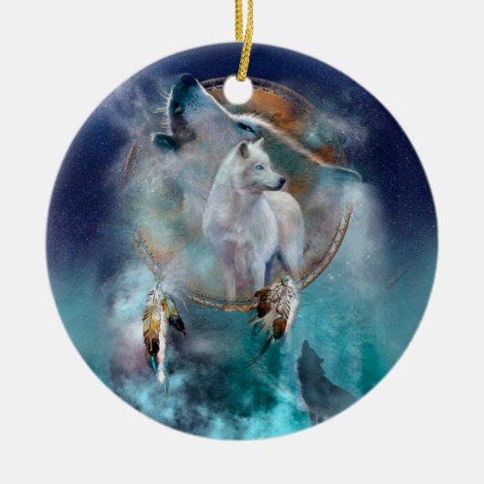 インディアン·ドリームキャッチャーと部族の頭狼 セラミックオーナメント (正面)