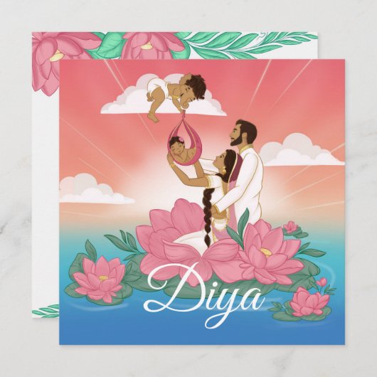 インディアン/ヒンドゥー教の赤ん坊の女の子の誕生の発表 招待状 (正面/裏面)