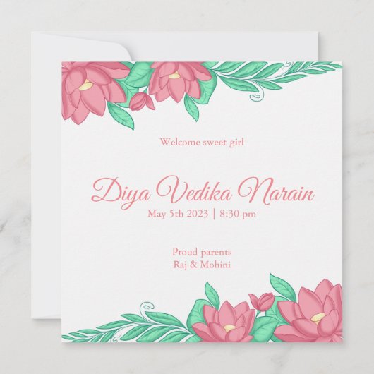 インディアン/ヒンドゥー教の赤ん坊の女の子の誕生の発表 招待状 (裏面)