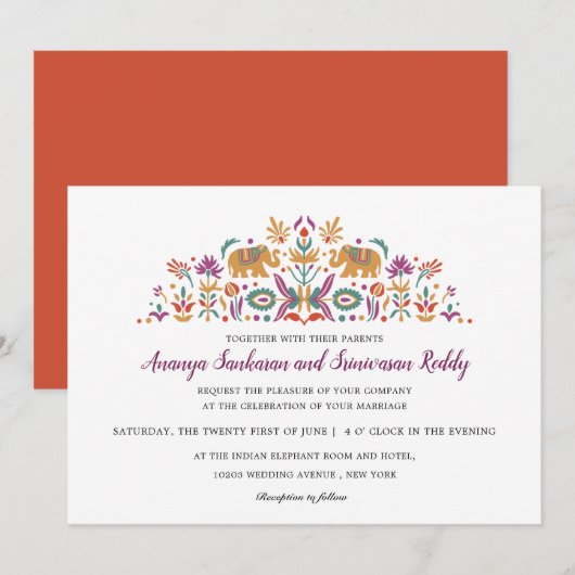 インディアン フラワー エレファント オレンジ モダン ウェディング 招待状 (正面/裏面)