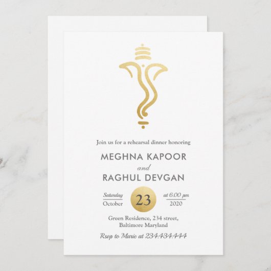 インディアン | 金フェイク箔ガネシャリハーサルディナー 招待状 (正面/裏面)