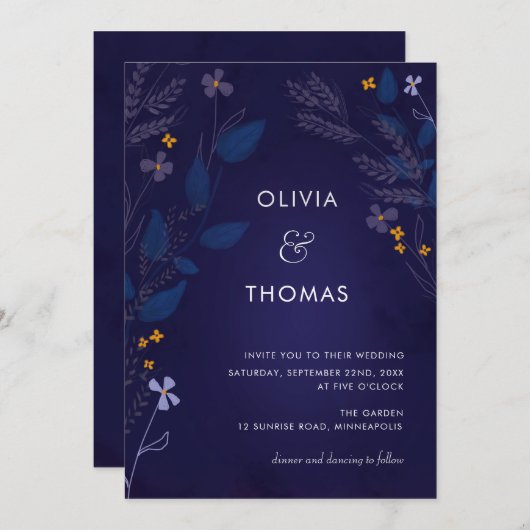 インディゴお洒落ハニーイラストレーションフローラ結婚ーズ 招待状 (正面/裏面)