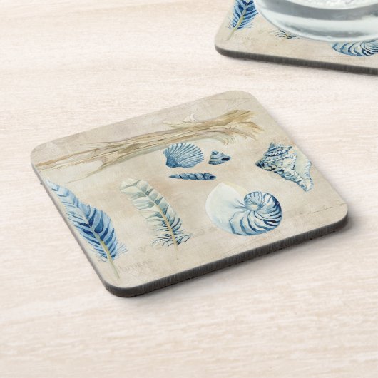 インディゴの海のビーチのスケッチブックの水彩画の貝 コースター (左側)