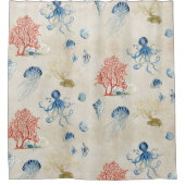 インディゴの海の赤いファンの珊瑚のくらげのタコの貝 シャワーカーテン (正面)