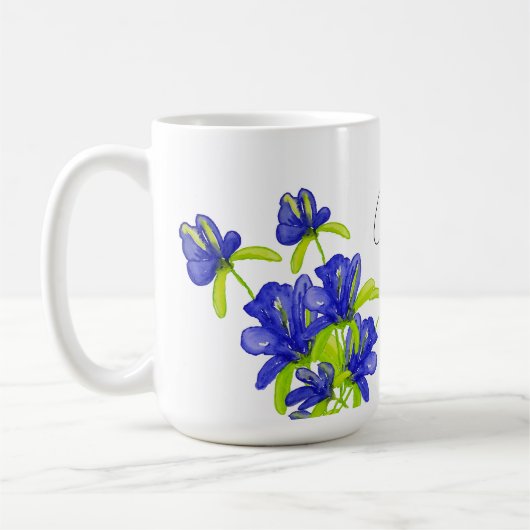 インディゴアイリスフローラ水色モノグラムの コーヒーマグカップ (左)