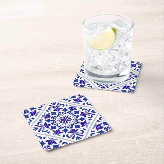 インディゴアズレジョスポルトガルの青と白のタイル スクエアペーパーコースター (インサイチュ)