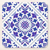 インディゴアズレジョスポルトガルの青と白のタイル スクエアペーパーコースター (正面)