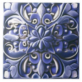 インディゴアズレジョブルーフェイクレリーフ、 浮き彫り植物花 タイル (正面)