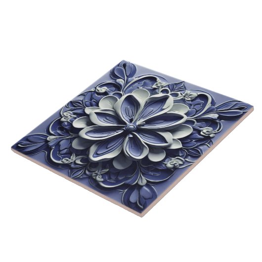 インディゴアズレジョブルーポルトガルフェイクレリーフ、 浮き彫りフローラ タイル (側面)