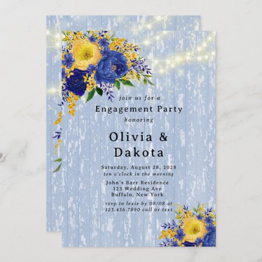 インディゴイエローピーニーウッドライトズ婚約パーティ 招待状 (正面/裏面)