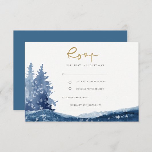 インディゴインクブルーマウンテンレイクスノーウェディングRSVP エンクロージャーカード (正面/裏面)
