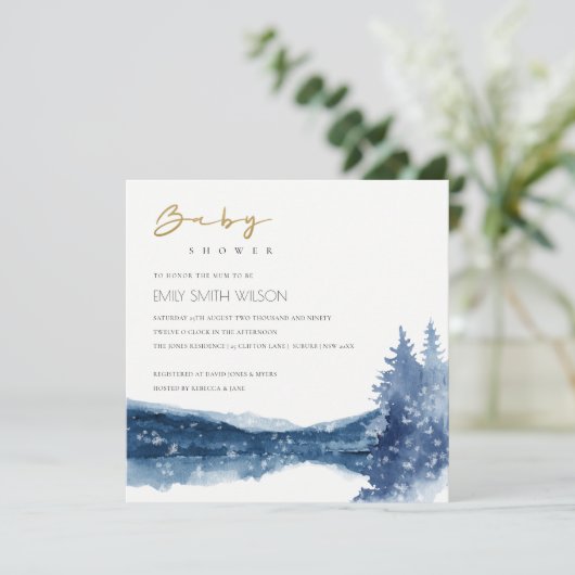 インディゴインクブルーマウンテンレイクベビーシャワー招待状 サンキューカード (スタンド正面)