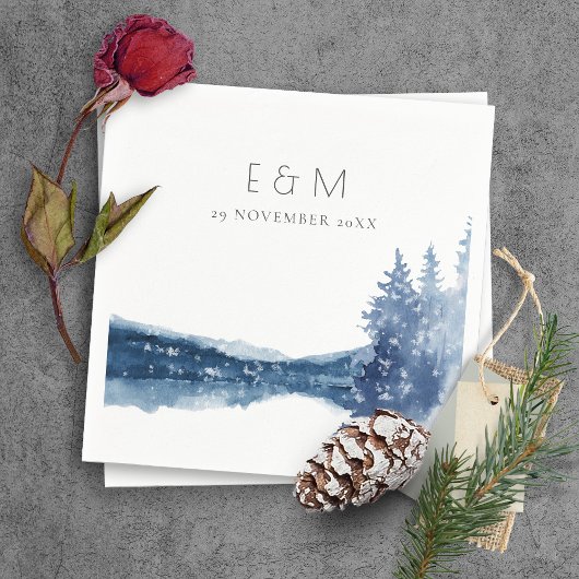 インディゴインクブルーマウンテンレイクモノグラム結婚ズ スタンダードカクテルナプキン