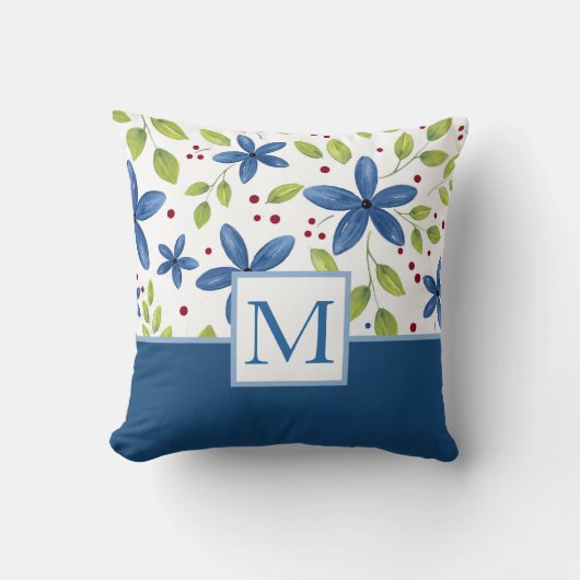 インディゴウォーターカラーフローラブーケパターン クッション (正面)