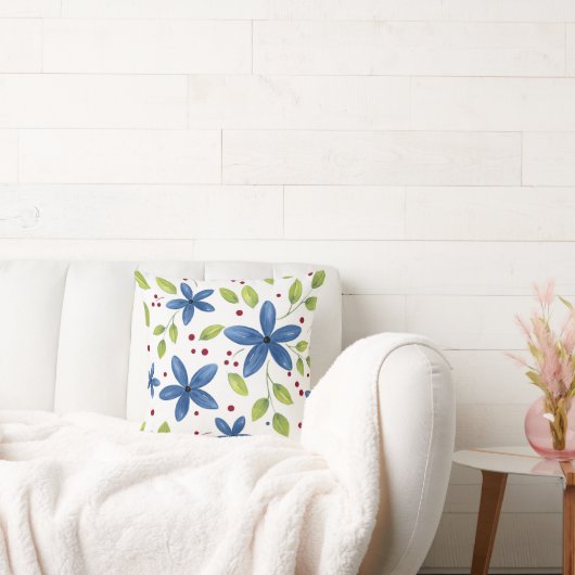 インディゴウォーターカラーフローラブーケパターン クッション (ソファ)